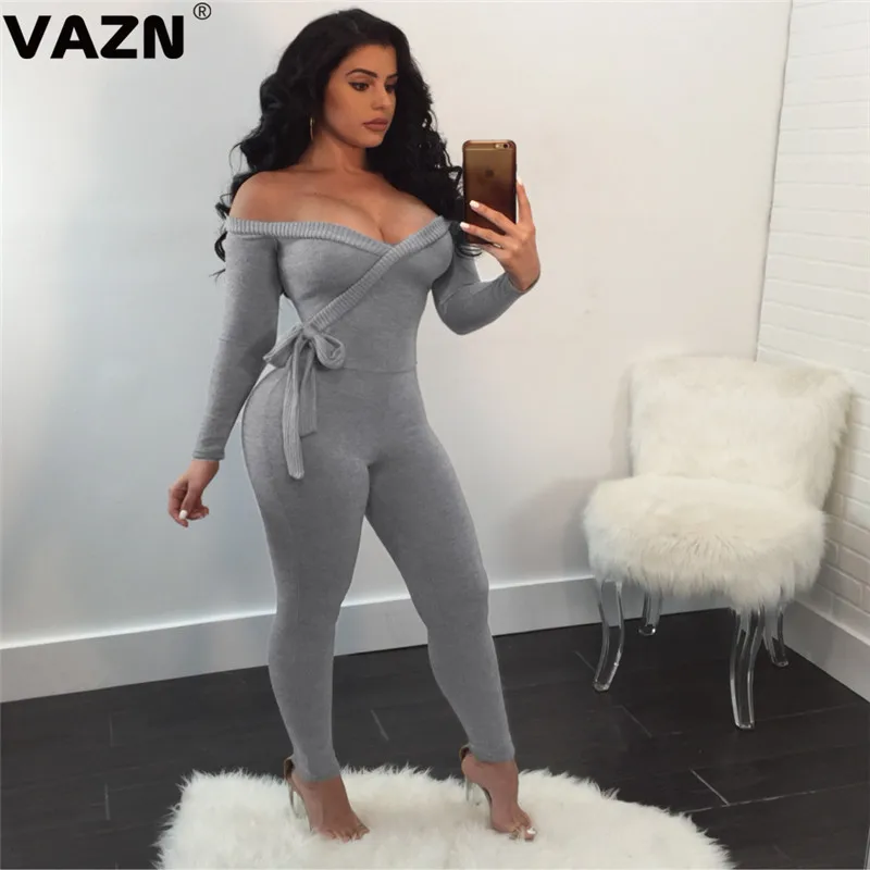 VAZN FSX06 новые Неопрятные сексуальные Клубные Модные однотонные бандажные женские комбинезоны с длинным рукавом без бретелек и высокой талией
