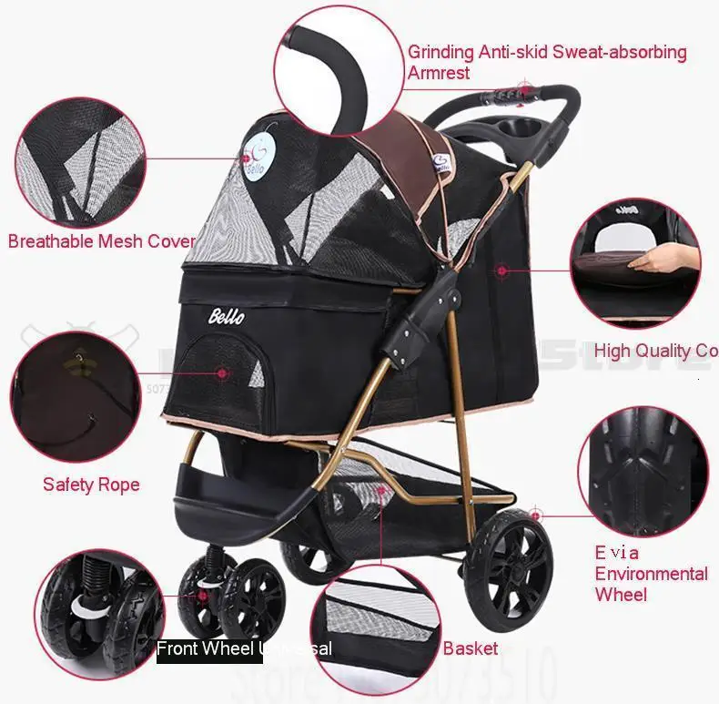 Folding Side-by-side Double Pet Trolley Dog Big Space Cart Cage Four-wheeled Outdoor Travel Supplies Puppy Carrier