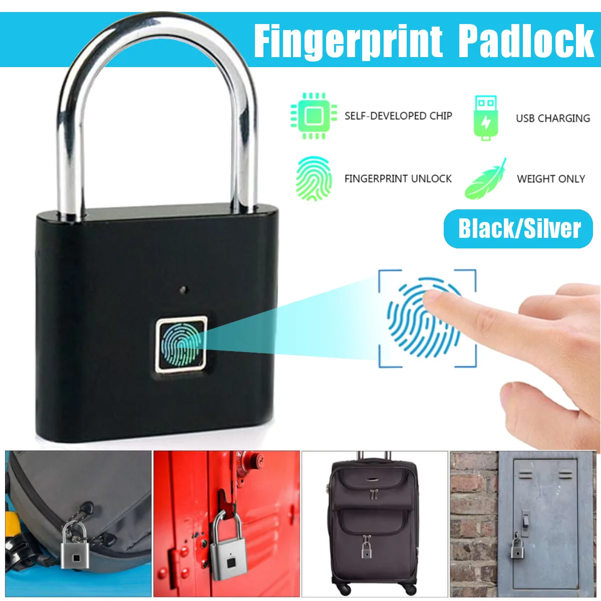 

USB Rechargeable Smart Keyless Electronic Fingerprint Lock Home Anti-theft Safety Security padlock Door Luggage Case lock