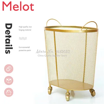 

New Modern Golden Fashion Metal Gold Color Dirty Clothes Storage Handle Laundry Basket Home Creative Organizer With Wheel