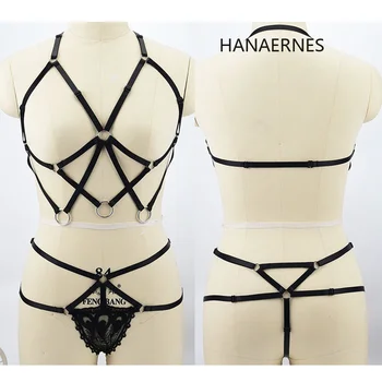 

HANAERNES Black elasticity adjustment punk goth club dancing orgy body harness bra women strappy tops cutout sexy lingerie set