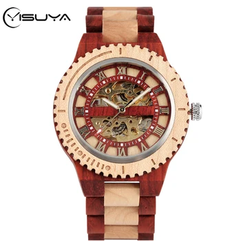 

YISUYA Automatic Mechanical Wood Bangle Wristwatch Gearwheel Roman Numerals Display Wooden Watch Self-Winding Luxury Male Clock