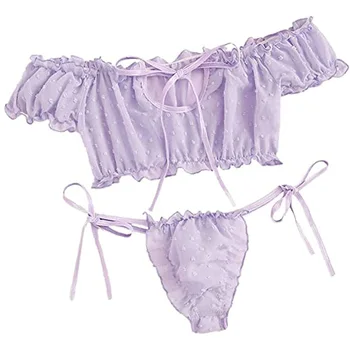 

2020 New Womens Sexy Two Piece Bra and Lingerie Set Self Tie Ruffle Trim Dobby Mesh Babydoll Sleepwear Womens Pajams Set
