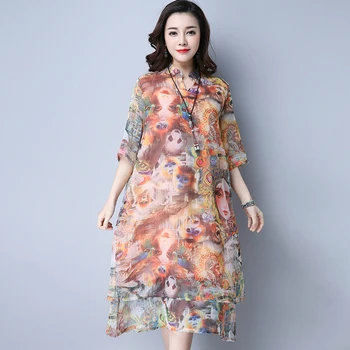 

836# Vintage Printed Silk Maternity Long Dress Summer Thin Loose Clothes for Pregnant Women Double Layer Pregnancy Clothing