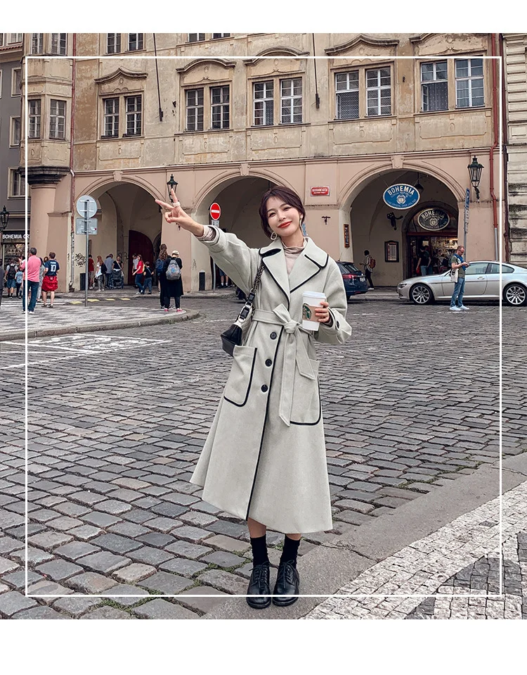 Шерстяная куртка для фотосессии, женская, средней длины, выше колена,, осенняя одежда, стиль, стройнящая, корейский стиль, свободная, элегантная