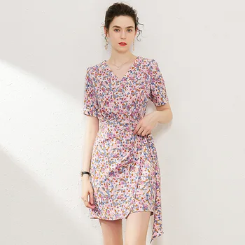 

Tea Dress Summer Short Sleeve Print V Neck High Waist Mini Warp Dresses Women Fashion Ladies Dress ins Chiffon sukienka 2020 New