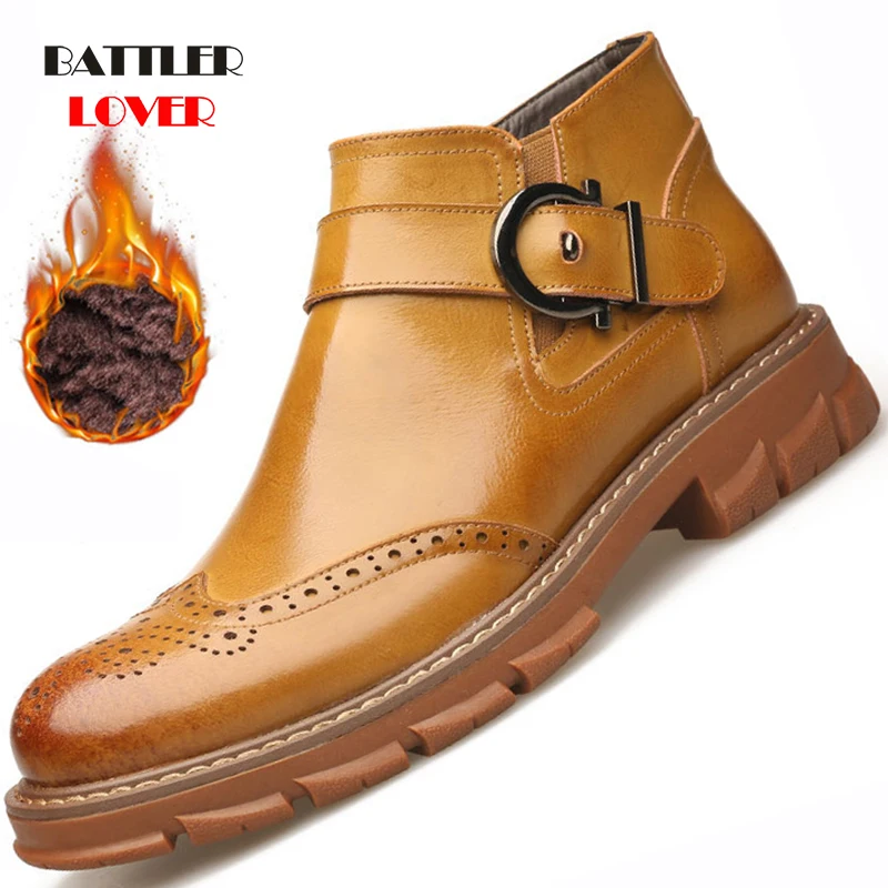 Autumn Winter Fleece Shoes Men Brogue Boots Genuine Leather Shoes Warm Plush for Cold Winter Men Ankle Boot Cow Leather Footwear