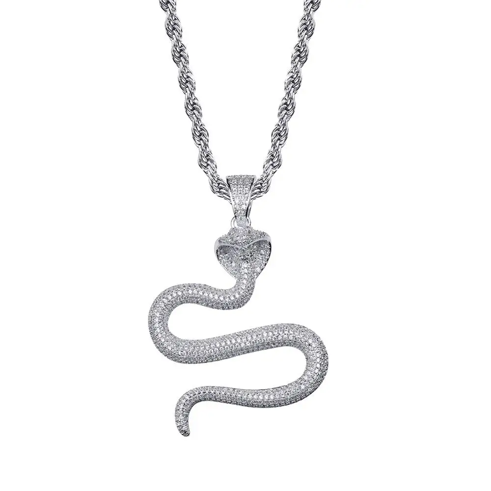 Хип хоп микро проложили AAA кубического циркония Bling Iced Out Cobra King Подвески змея ожерелье для мужчин рэппер ювелирные изделия золото серебро - Окраска металла: silver