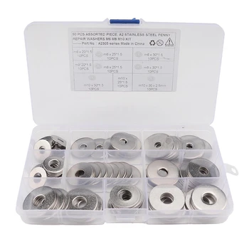 

90PCS Boxed 304 Stainless Steel Washer Set 9 Specifications M6 M8 M10 Round Flat Washer Kit