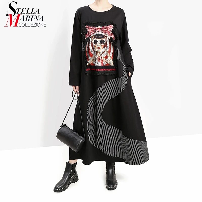 New Japanese Style Women Winter Black Long Dress Full Sleeve Cartoon Patch Lady Plus Size Harajuku Cute Dress vestidos 5651