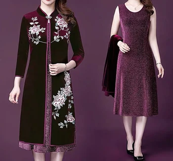 

2020 Plus Size Fuchsie Gold Velvet Embroidery Mother Of The Bride Dresses Jacket 2 Pieces Wedding Mother Dress Half Sleeve New