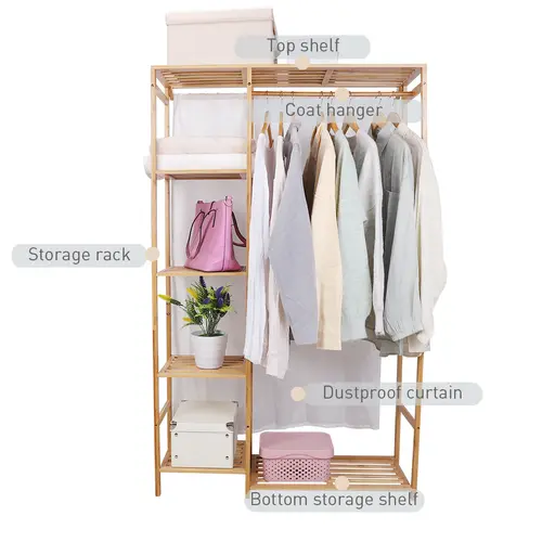 Bamboo Wood Clothing Garment Rack with Shelves Clothes Hanging Rack Stand for Child Kids Adults Cloth Shoe Coat Storage Organize - Image 6