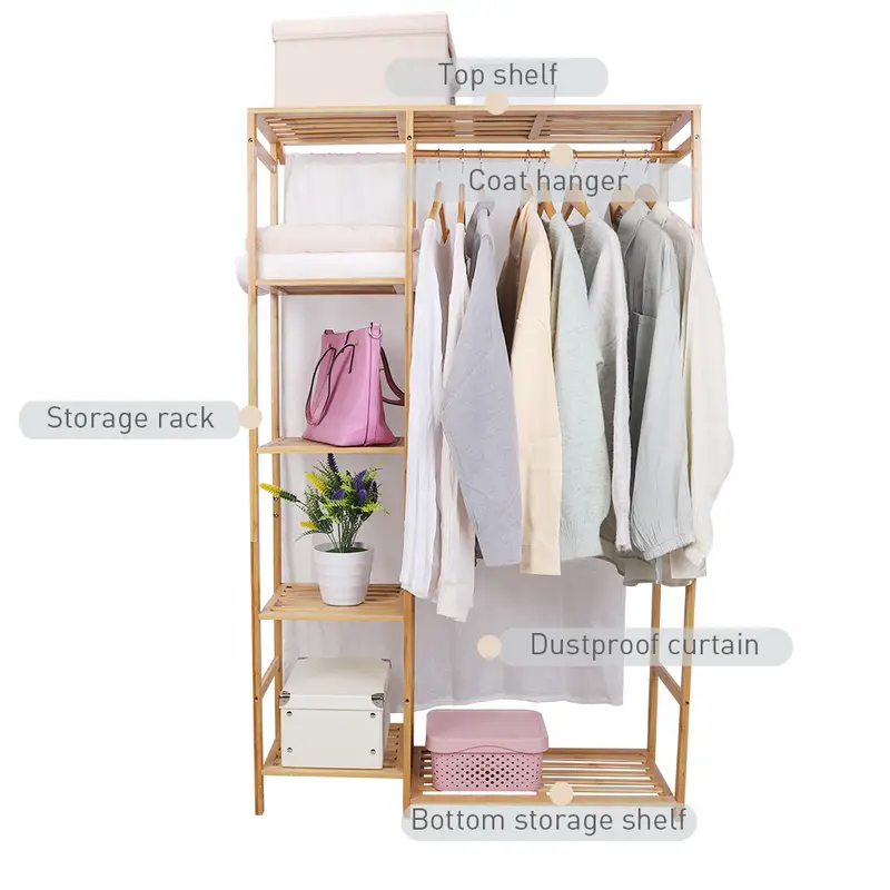 Bamboo Wood Clothing Garment Rack with Shelves Clothes Hanging Rack Stand for Child Kids Adults Cloth Shoe Coat Storage Organize - Image 6