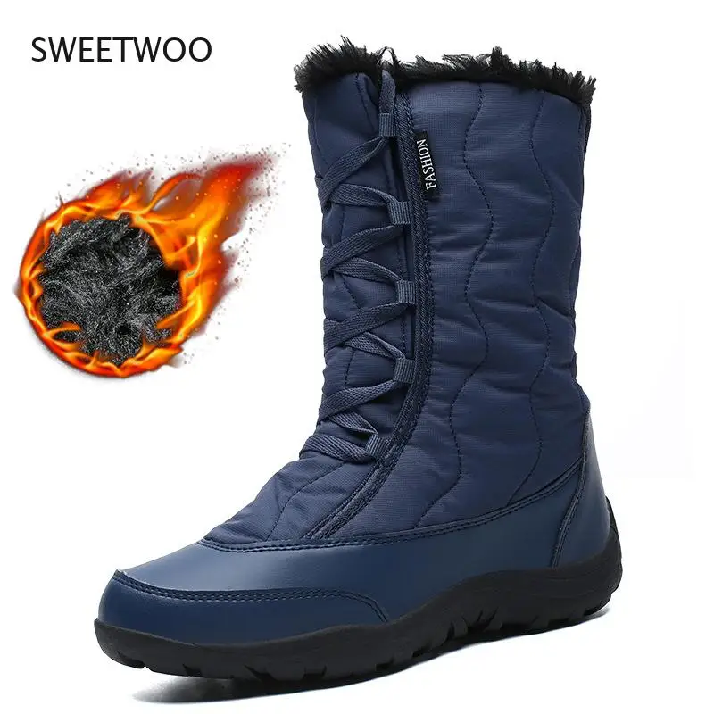Snow Boots Women New Winter Warm Plush Booties Mid-Calf Waterproof Ladies Shoes Round Toe Platform