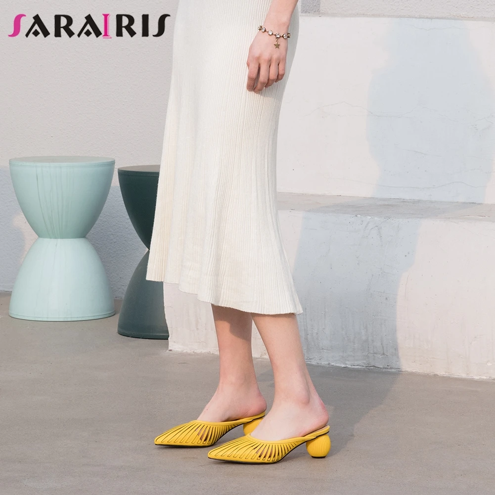 

SARAIRIS Female Breathable Genuine Leather Pumps 2020 Med Strange Heel Mules Women Brand New Concise Summer Shoes Woman
