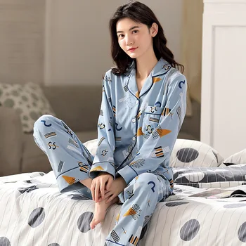 

Autumn and Winter Cotton Ladies Nightgown for Women Cardigan Lapel Pajamas Korean Version of Large Size Loose Casual Home Suit
