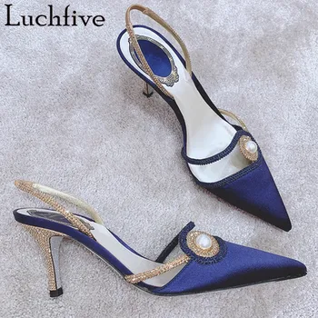 

Crystal High Heels Women Sandals Pointy Toe Pearls Shoes Woman Runway Summer Slingbacks Blue Ladies Shoes