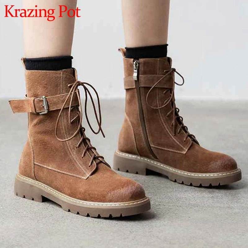 krazing pot pig suede western boots high quality round toe metal fastener low heel winter all-match handmade mid-calf boots L0f5