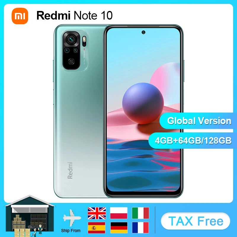 Глобальная версия Xiaomi Redmi Note 10 4 ГБ ОЗУ 64 Гб/128 Гб ПЗУ мобильный телефон 48MP Quad Camera