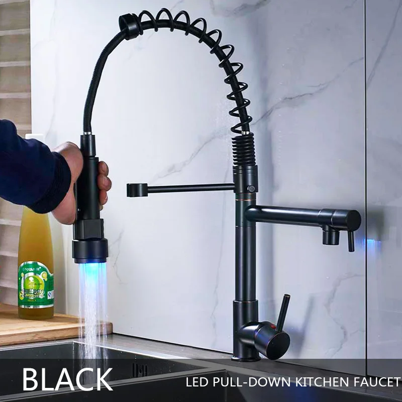 Черный хромированный кухонный кран светодиодный светильник вытяжной пружинный кухонный смеситель для раковины двойной поворотный Носик кухонный кран