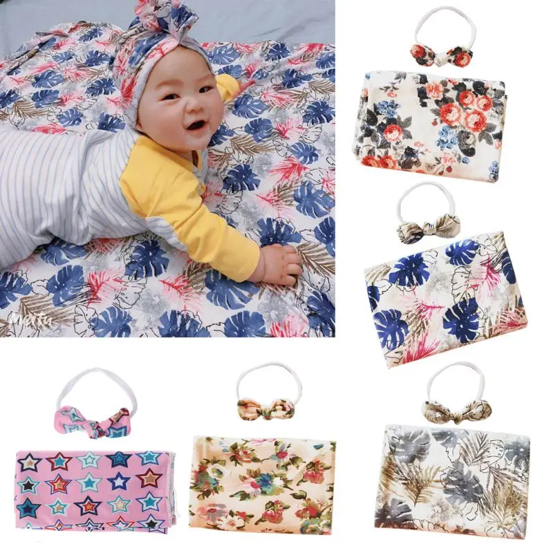 

Baby Blanket set Newborn Towel Swaddle Blanket Sleeping Swaddle Muslin Wrap Headband Set Photography Prop