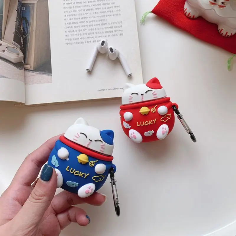Силиконовый защитный чехол Lucky Cat с карабином для Airpods 1/2