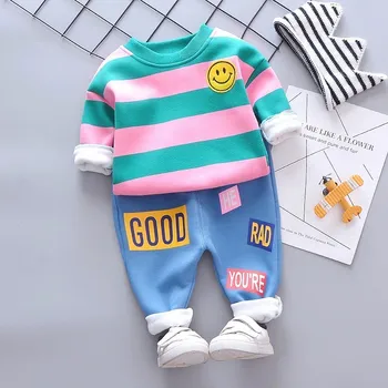 

Baby Girls Boy Clothing Sets Autumn Winter Infant Clothes Suits Plus Thick Velvet Stripe Smiley Face T Shirt Pants Child Costume