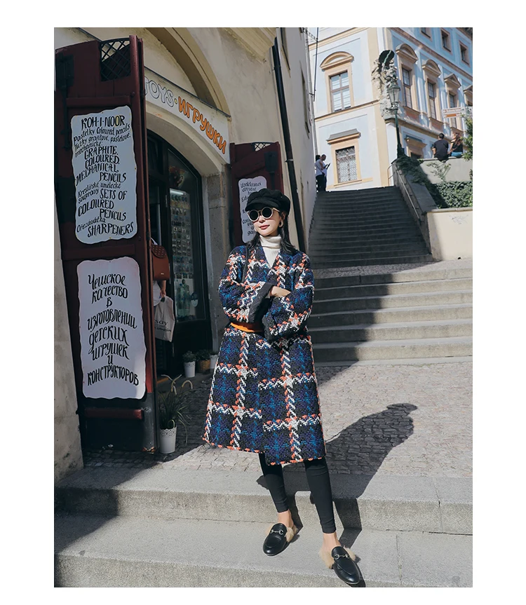 Tweed Woolen Jacket Women's Mid-length Autumn And Winter New Style Nizi Popular Graceful Plaid Woolen Overcoat