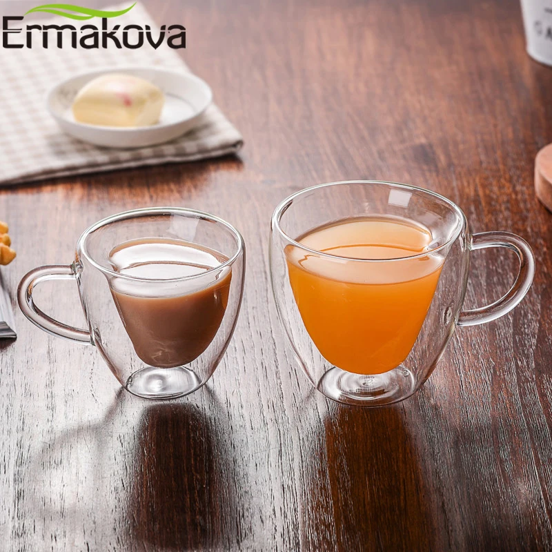 ERMAKOVA Coffee Mug Double Walled Insulated Coffee Tea Beer Cup Glass Heart Shape Espresso Cappuccino Latte Milk Mug Drinkware