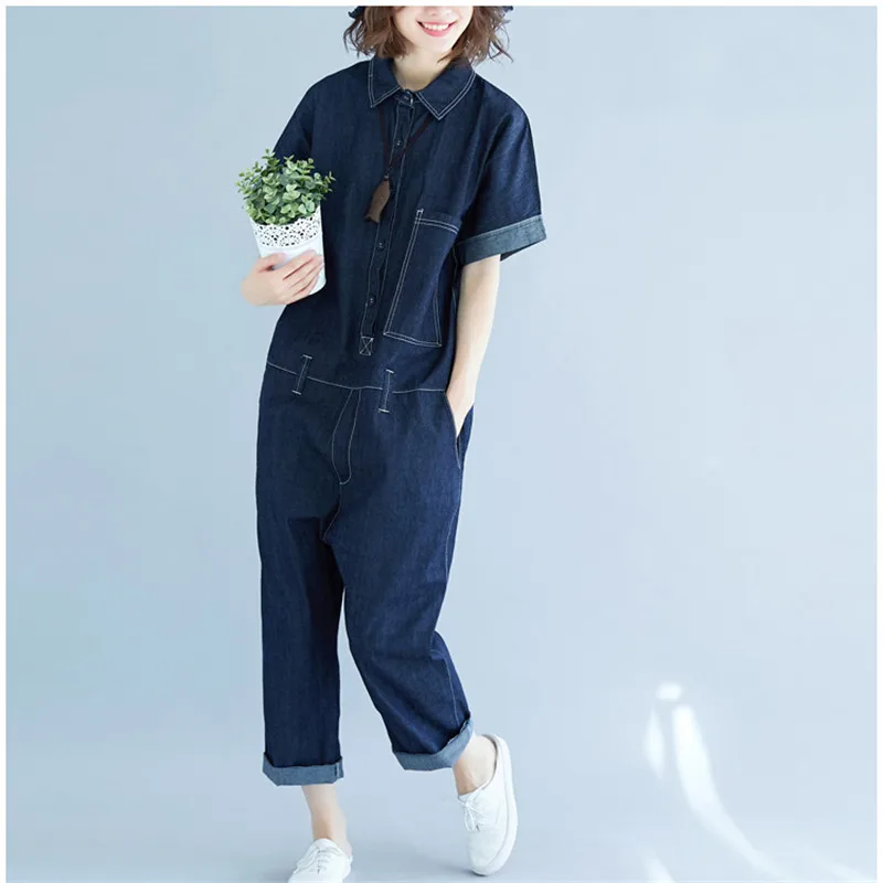 Korean Jean Jumpsuit Ladies 2020 Summer Short Sleeve Overalls Playsuit Female Pocket Loose Casual Denim Women комбенизон Z172