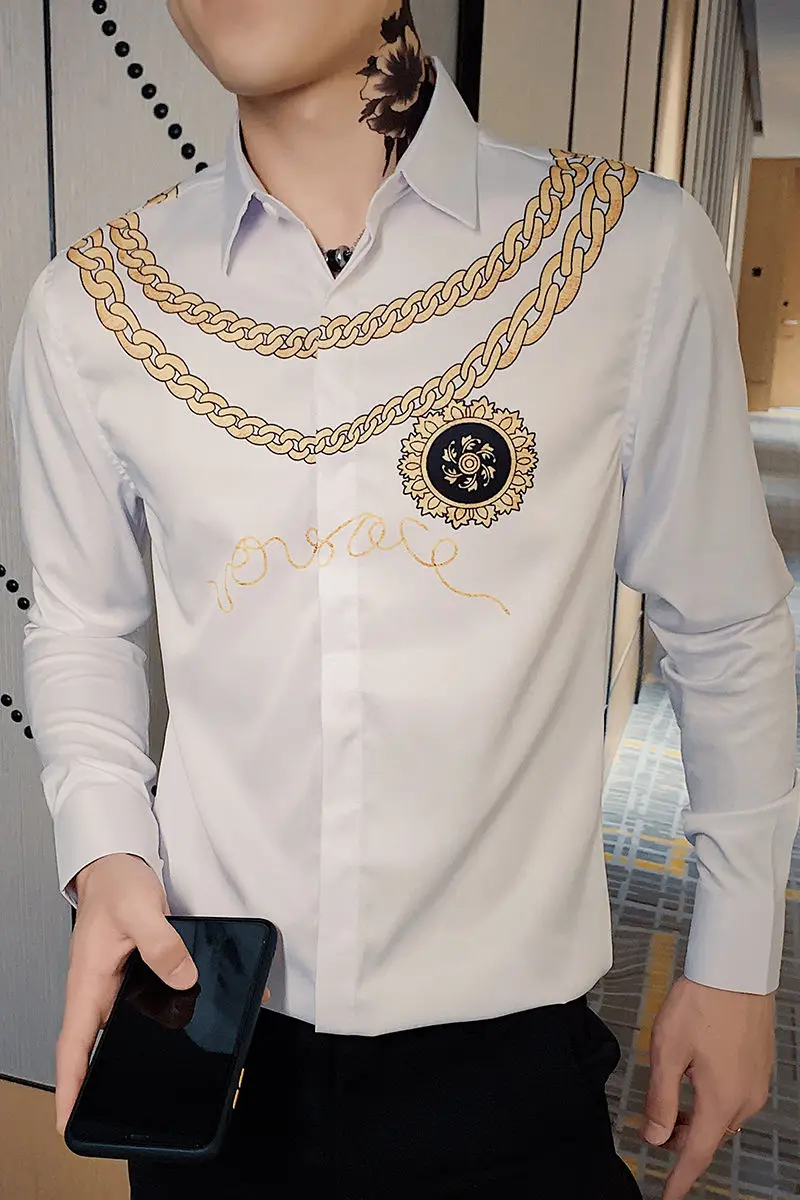 Gold Print Luxury Men Shirt Casual Slim Fit Long Sleeve Male Dress Shirts Club Work Vintage Tuxedo Shirt Camisa Social Masculina