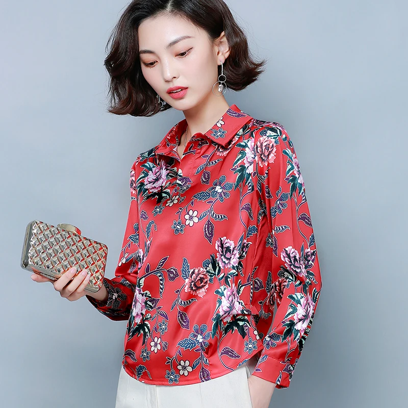 Korean Silk Women Shirts Elegant Woman Satin Blouses Tops Plus Size 4XL/5XL Women Floral Blouse Shirt Blusas Femininas Elegante