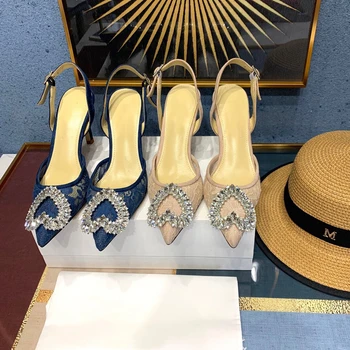 

Sexy Pointed Toe Women's Pumps 2020 New Fashion Crystal Solid Mesh Shallow High Heels Pumps Ankle Straps Women's Sandals Shoes