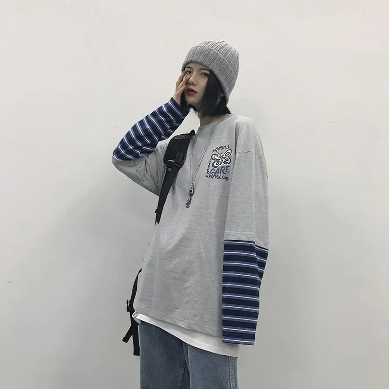 

NiceMix Streetwear Fake 2pcs tee Stripe T Shirt Women Clothes Print Couples T-Shirt O-Neck Black White M-3XL Long Sleeve Tshirt