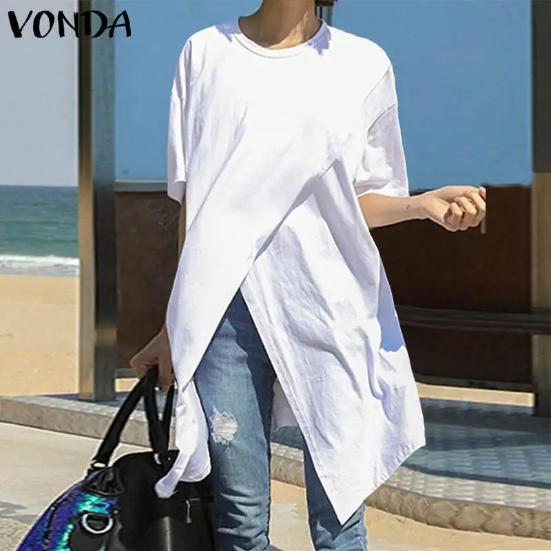 

Woman Blouses 2020 VONDA Sexy Short Sleeve Round Neck Split Hem Shirts Casual Bohemian White Tops Plus Size Party Blusas S-5XL