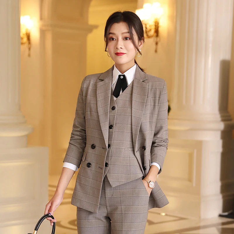 

Women elegant plaid blazer jacket Three Quarter sleeve Pocket decoration office wear female outerwear chic tops