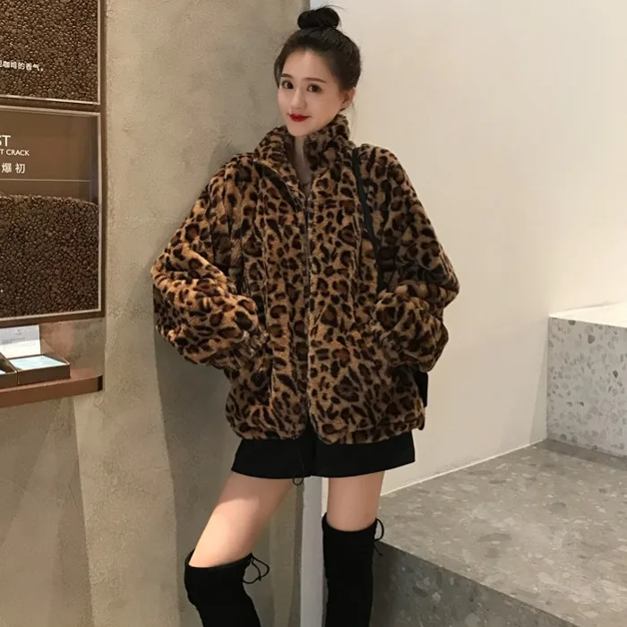 Зимняя теплая Женская куртка в винтажном стиле с леопардовым воротником и стоячим воротником, верхняя одежда на молнии для девушек свободного размера плюс, верхняя одежда из искусственного меха, уличная одежда