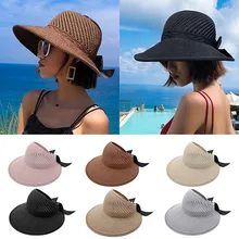 2021 Sun Hat Summer Women Ponytail Visor Wide Brim Uv Protection Bow Beach Hat Yellow Ladies Sunhat Ladies Hats Foldable Gorro