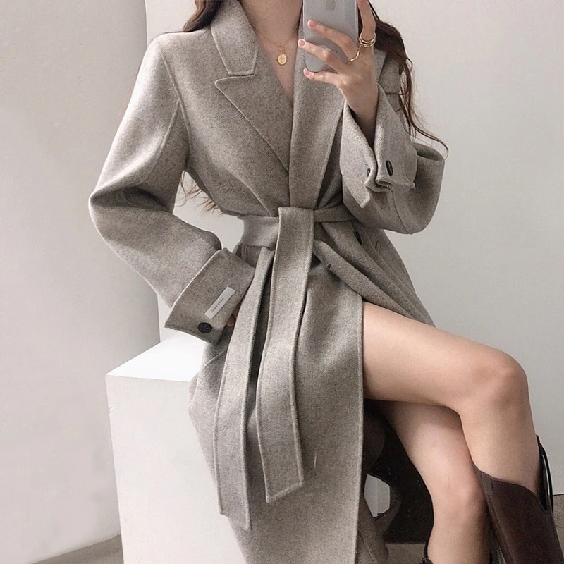 

Куртка Wavsiyier Женская однотонная, свободная теплая шерстяная куртка с английским воротником, элегантная длинная на шнуровке, зима 2020