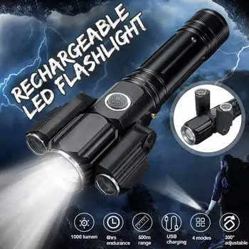

1000LM Adjustable Head Flashlight USB Rechargeable LED Flashlight Outdoor Multifunctional 18650 Flashlight Three-head Flashlight