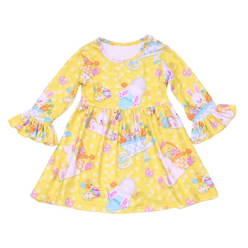 

2020 New Baby Girls Easter Dress Girls Floral Dress With Bunny Print Kids Soft Milksilk Dress Long Ruffle Sleeve Wholesales