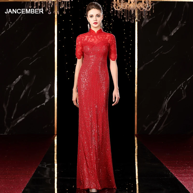

JANCEMBER Customized Evening Dresses Long Chinese Style Short Sleeves Sequins Mermaid Evening Gown Vestidos De Fiesta De Noche