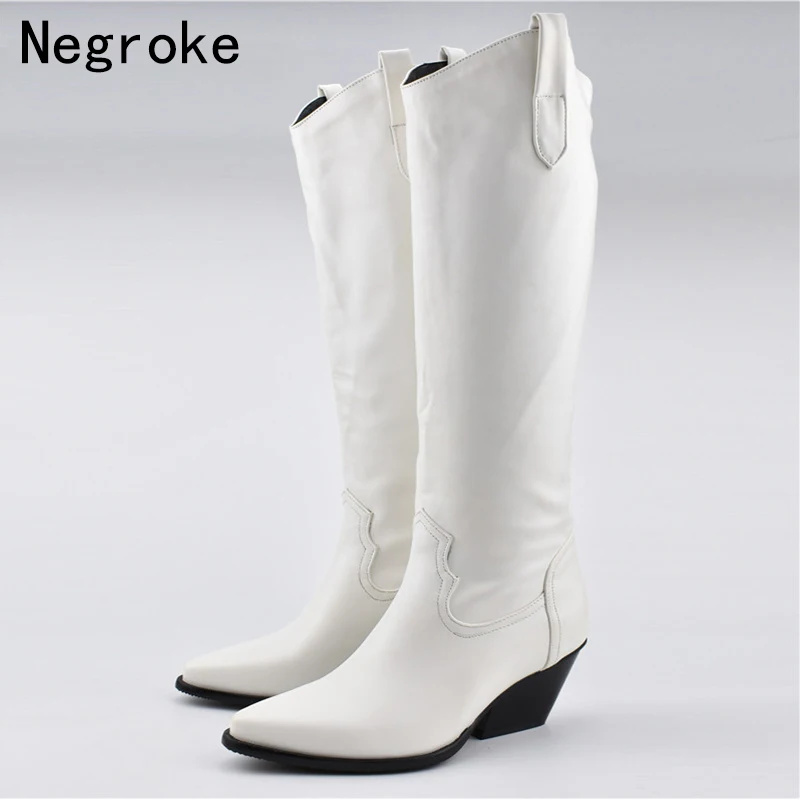 

Fashion Women Boots White PU Leather With Thick Heels Boots Long Autumn Winter Fur Plush Knee High Boots Plus Size Booties