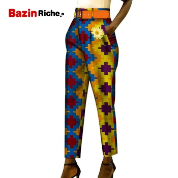 

WY7236 Bazin Riche African Dresses for Women High Waist with Belt Buckle FASHION WOMEN PANT jogger pants