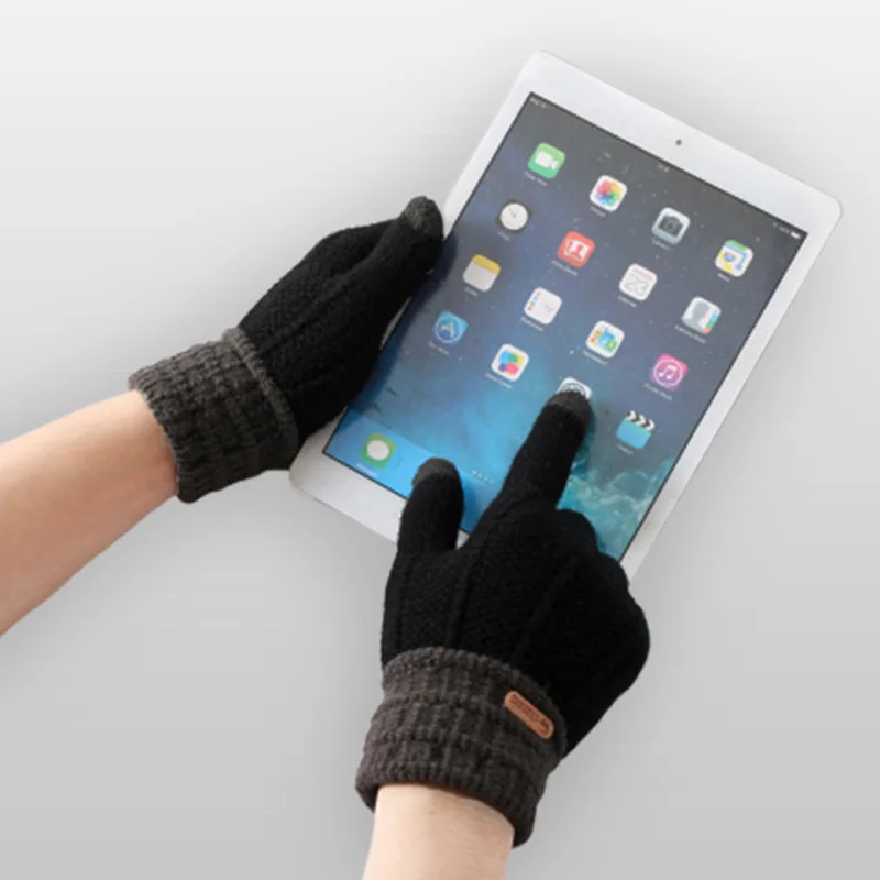 Зимние мужские перчатки вязаные Утепленные перчатки с полными пальцами эластичные зимние варежки модные перчатки с сенсорным экраном женские перчатки