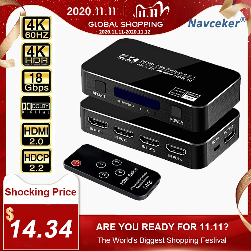 

2020 4 Port 18Gbps HDR 4K HDMI 2.0 Switch 4x1 Support HDCP 2.2 HDMI Switch HUB Box With IR Mini HDMI Switch Remote For PS4 360