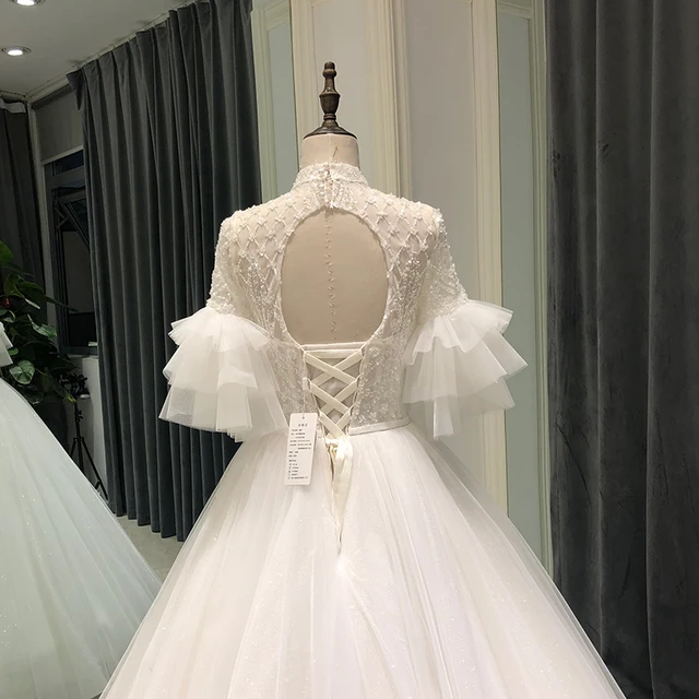 SL-8273 lace gown wedding dress 2021 half sleeve elegant beads crystal bridal wedding gowns for bride dresses 4