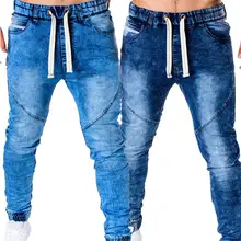 Мужские модные высокоэластичные джинсовые штаны, зимние уличные эластичные джинсы с завязками для мужчин, повседневные обтягивающие эластичные штаны