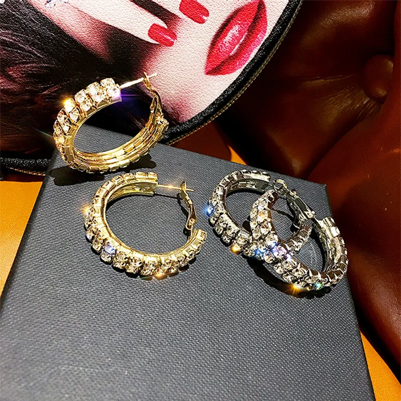 

TEH Exaggerated Double Row Crystal Big Hoop Earrings For Women Jewelry European American Temperament Trendy Round Earrings Girl