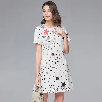 

Apricot Starry Universe Print Dresses for Women 2020 Summer Women's O-Neck Slim Short Beaded Star Sweet Woman Dress A-line
